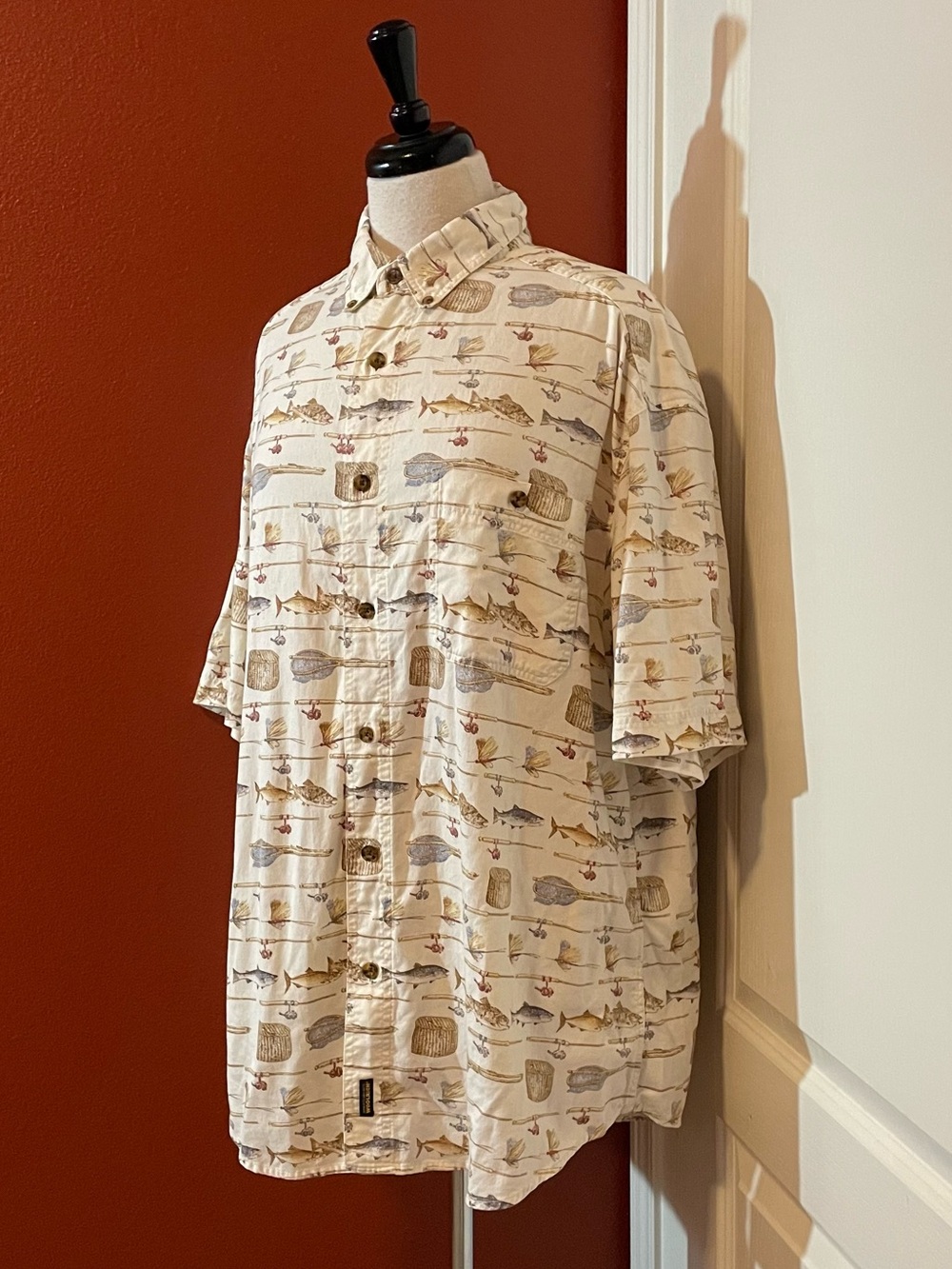 Woolrich Men’s Fish, Tackle, & Flies Button Down Short Sleeve Camp Fishing Shirt